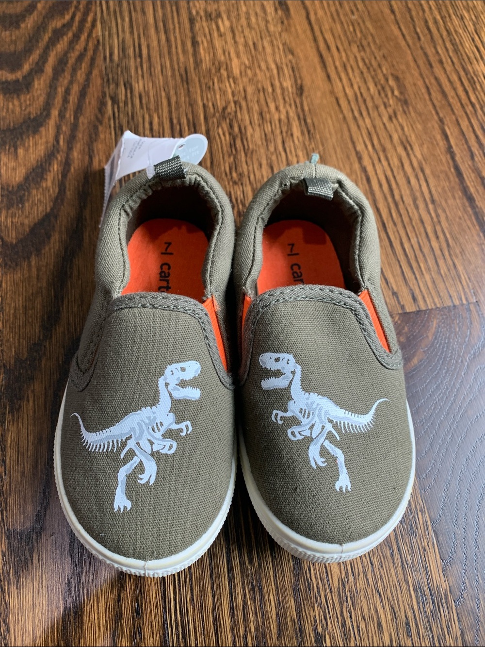 Carter's Olive Canvas Slip-On Shoes with White Dinosaur Print and Orange Accents